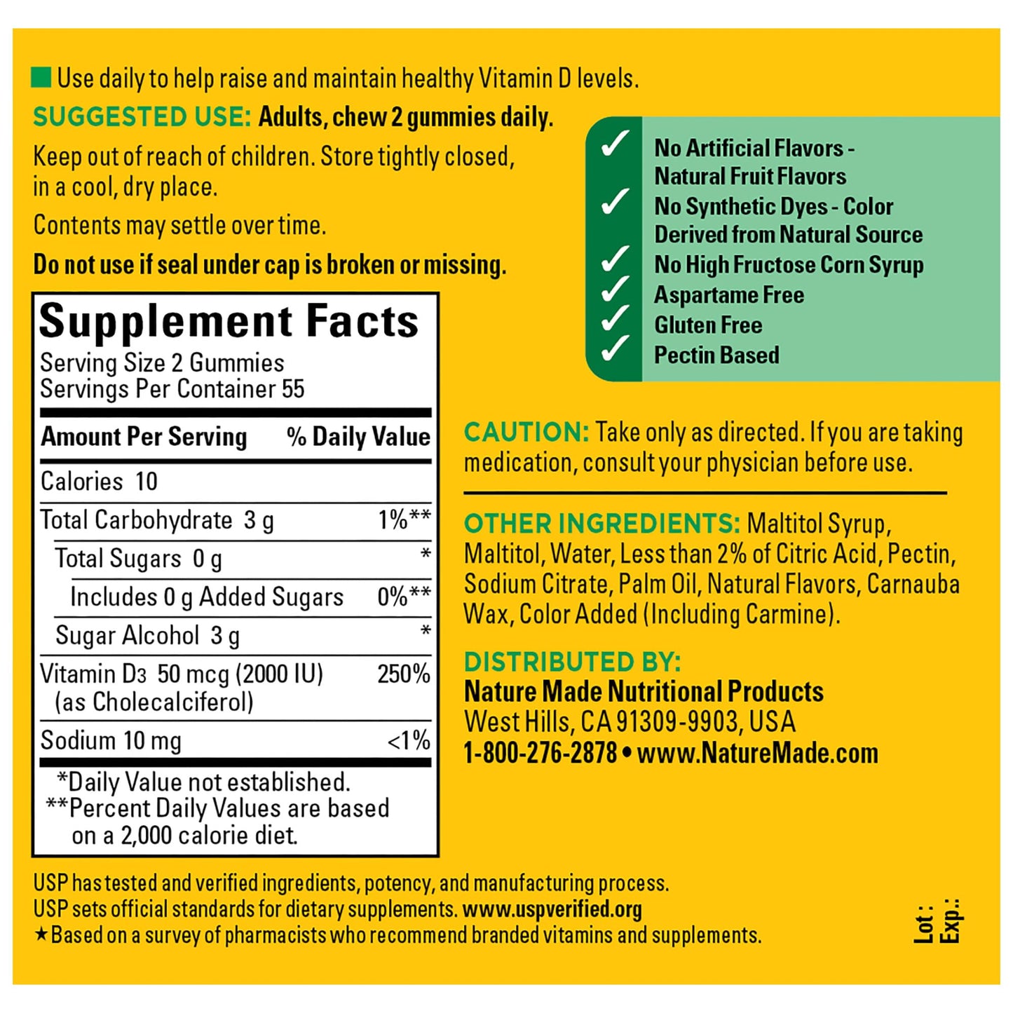Nature Made Zero Sugar Vitamin D3 Gummies 2000 IU (50 mcg) – 55 Day Supply