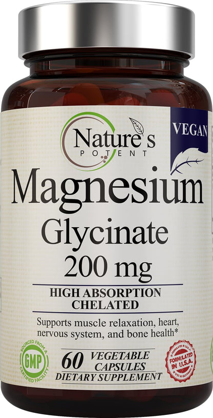 Nature’s Potent Magnesium Glycinate 200mg – High Absorption Chelated Magnesium | Sleep, Calm & Muscle Support | Vegan, 60 Capsules