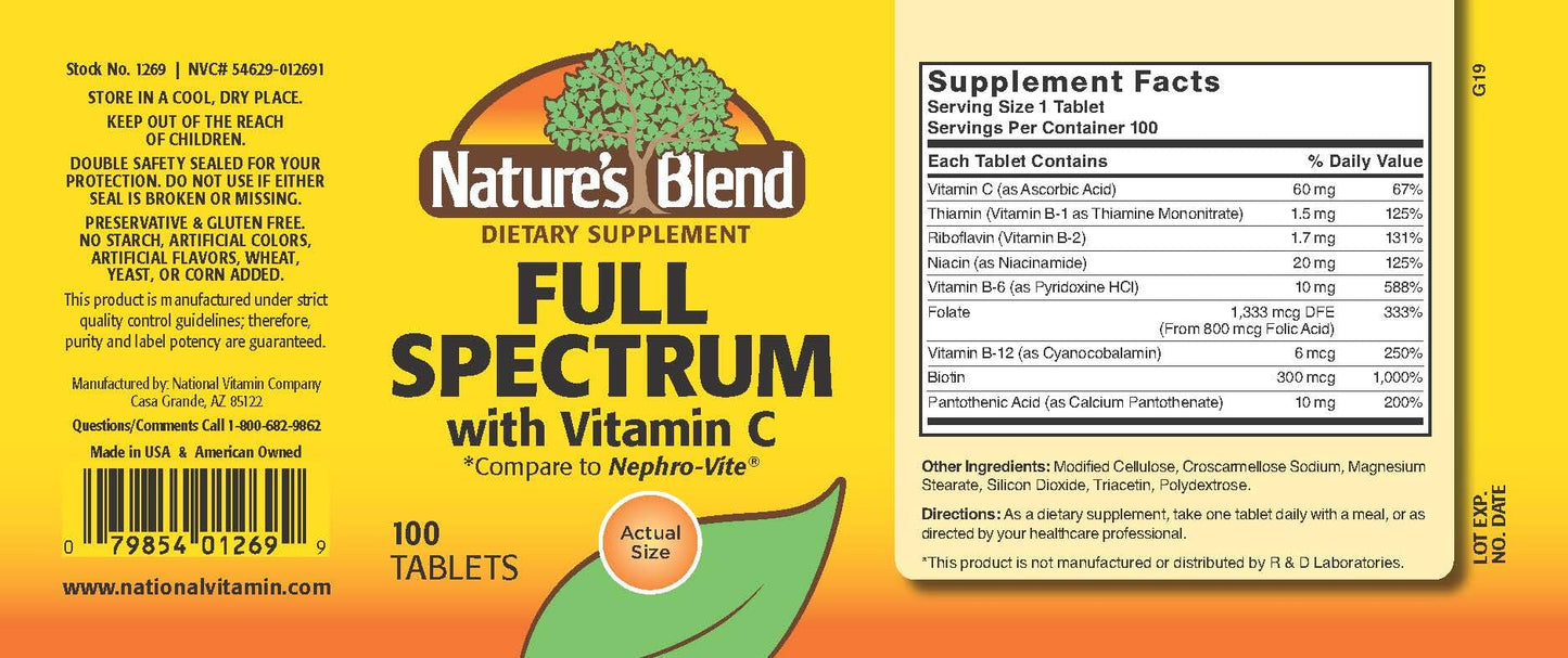 Nature's Blend Full Spectrum B with Vitamin C Powder, 100 Count (1269) – Gluten Free