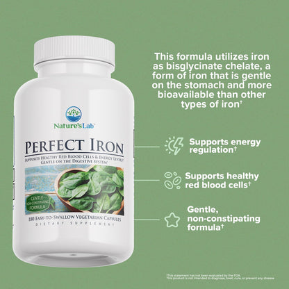 Nature's Lab Perfect Iron 25mg - Gentle, Non-Constipating Iron Supplement | 180 Capsules (6-Month Supply)