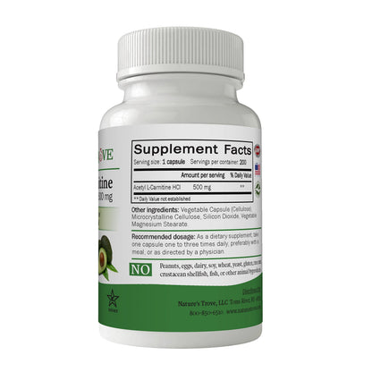 Nature's Trove ALCAR 500 mg - 200 Vegetarian Capsules | Acetyl L-Carnitine