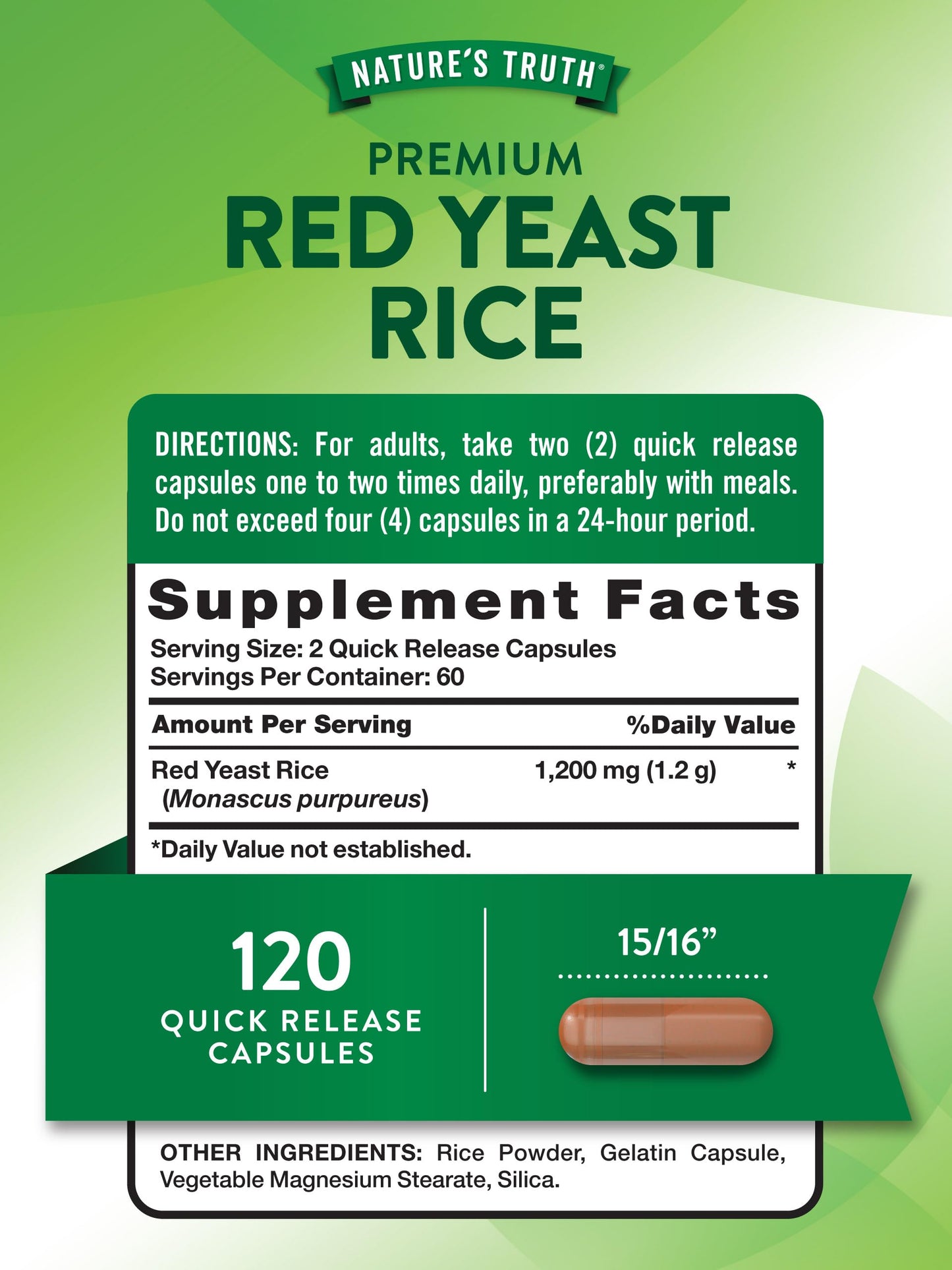 Nature's Truth Red Yeast Rice Capsules 1200 mg - 120 Count | Non-GMO & Gluten Free