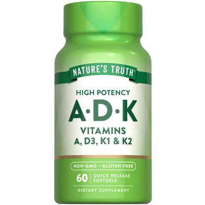 Nature’s Truth Vitamin ADK Softgels – 60 Count | High Potency A, D3 & K1/K2, Non-GMO