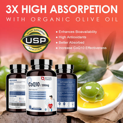 Nature Target CoQ10 200mg Softgels + PQQ with Organic Olive Oil – High Absorption, 240 Softgels (Pack of 2)