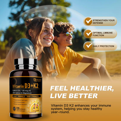 Nature Target Vitamin D3 K2 with Calcium & Magnesium – Max Strength 4-in-1 Formula for Bone, Heart & Immune Support (5000 IU D3 & 120 mcg K2) – 120 Count