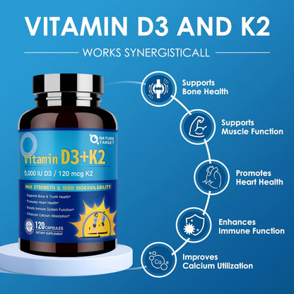 NATURE TARGET Vitamin D3 K2 with Calcium & Magnesium — 6-in-1 Bone & Heart Support, 5000 IU D3, 120 mcg K2 | Gluten-Free, 120 Servings