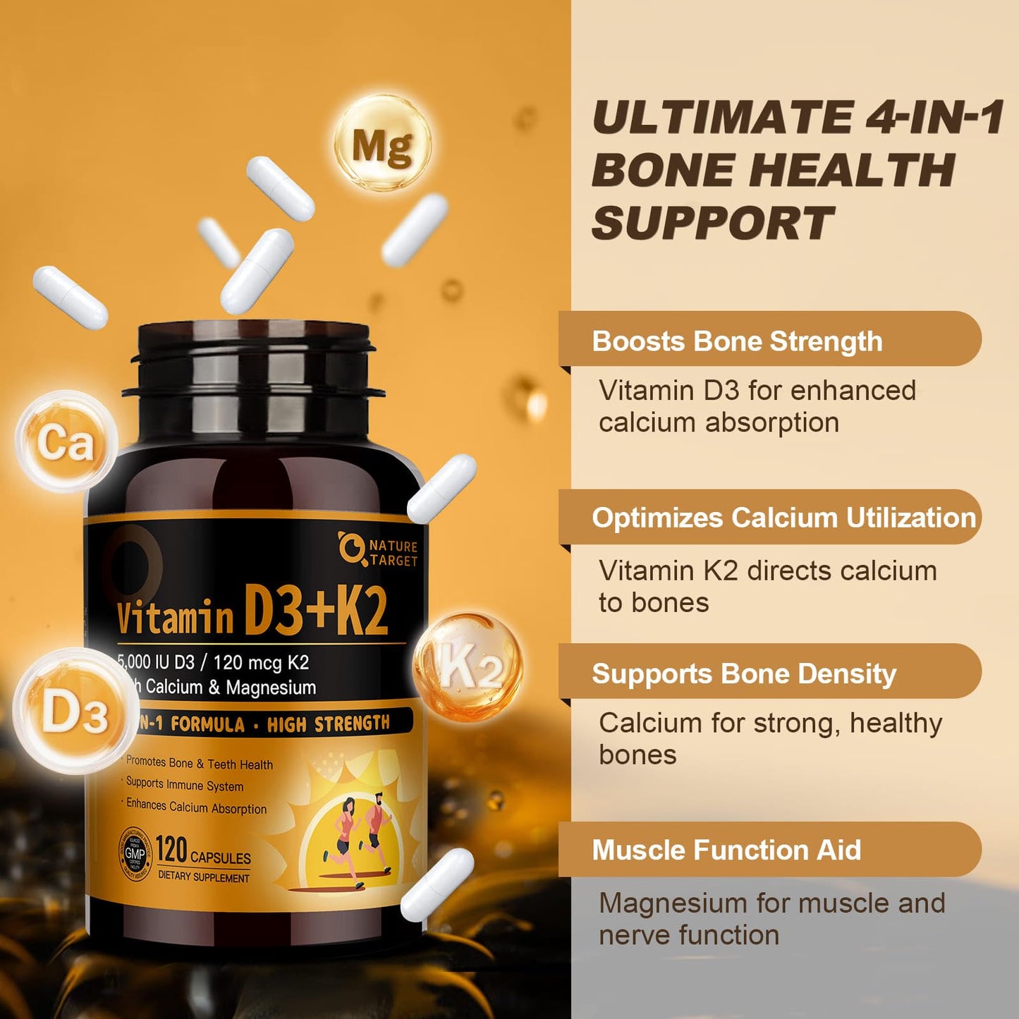 Nature Target Vitamin D3 K2 with Calcium & Magnesium – Max Strength 4-in-1 Formula for Bone, Heart & Immune Support (5000 IU D3 & 120 mcg K2) – 120 Count
