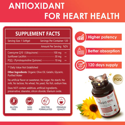 NATURE TARGET CoQ10 100mg Softgels with 10mg PQQ - High Absorption CoQ10 in Organic Olive Oil | Heart, Brain & Energy Support | 120 Servings