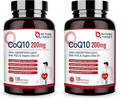 Nature Target CoQ10 200mg Softgels + PQQ with Organic Olive Oil – High Absorption, 240 Softgels (Pack of 2)