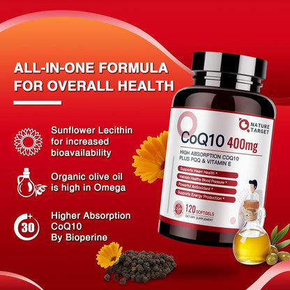 NATURE TARGET CoQ10 400mg + PQQ with Vitamin E & Organic Olive Oil