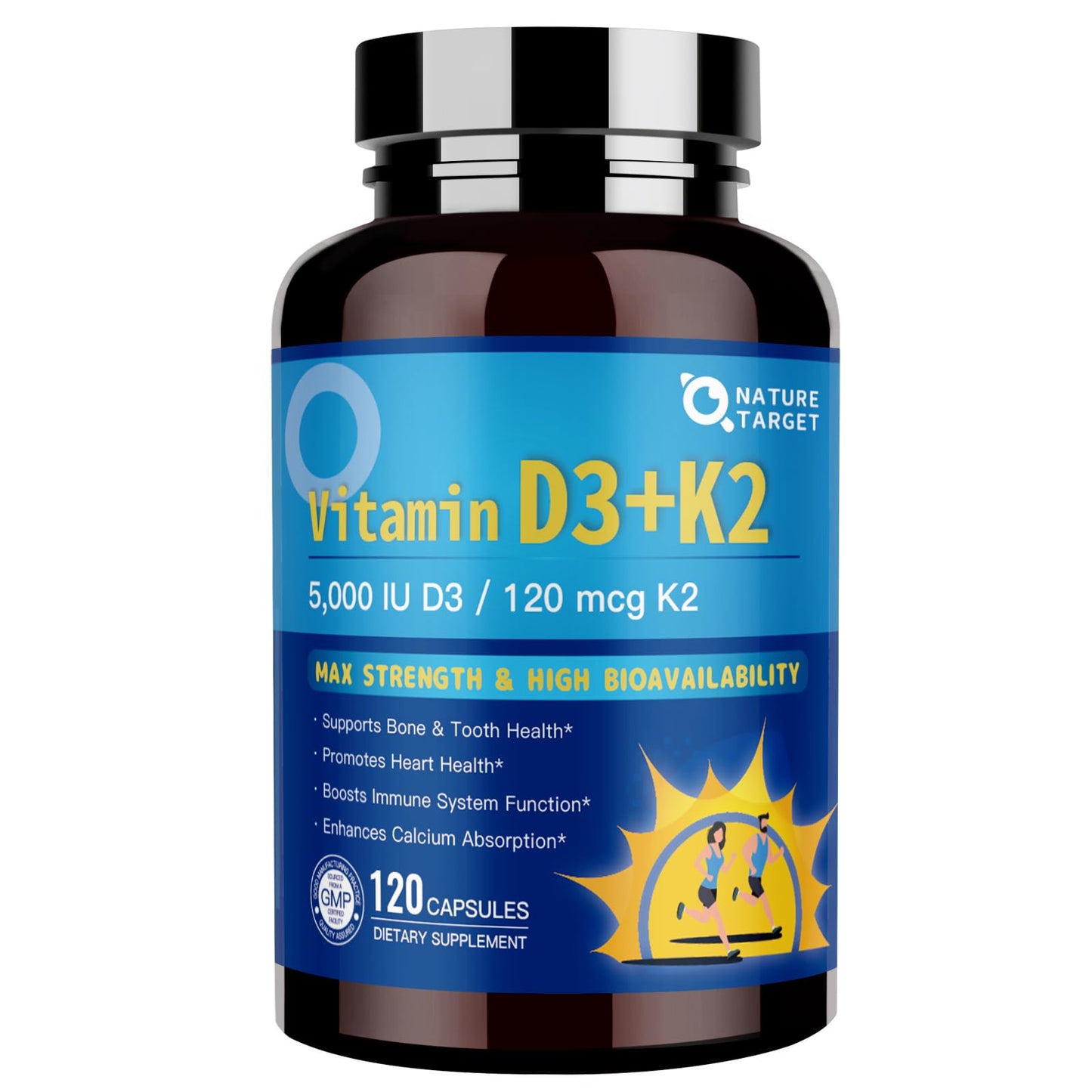 NATURE TARGET Vitamin D3 K2 with Calcium & Magnesium — 6-in-1 Bone & Heart Support, 5000 IU D3, 120 mcg K2 | Gluten-Free, 120 Servings