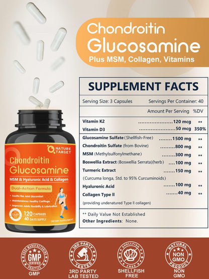 NATURE TARGET Glucosamine Chondroitin Joint Support – MSM, Collagen & Turmeric, Shellfish-Free, 120 Caps (Pack of 2)