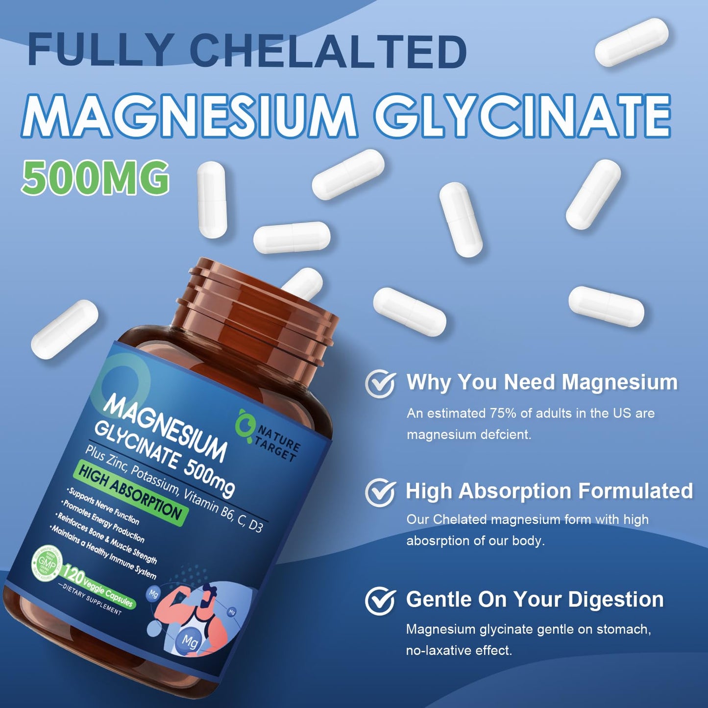 NATURE TARGET Magnesium Glycinate 500mg with Zinc & Vitamin D3 – Muscle, Nerve & Bone Support, Heart Health & Immune Support (Pack of 2, 240 Capsules)