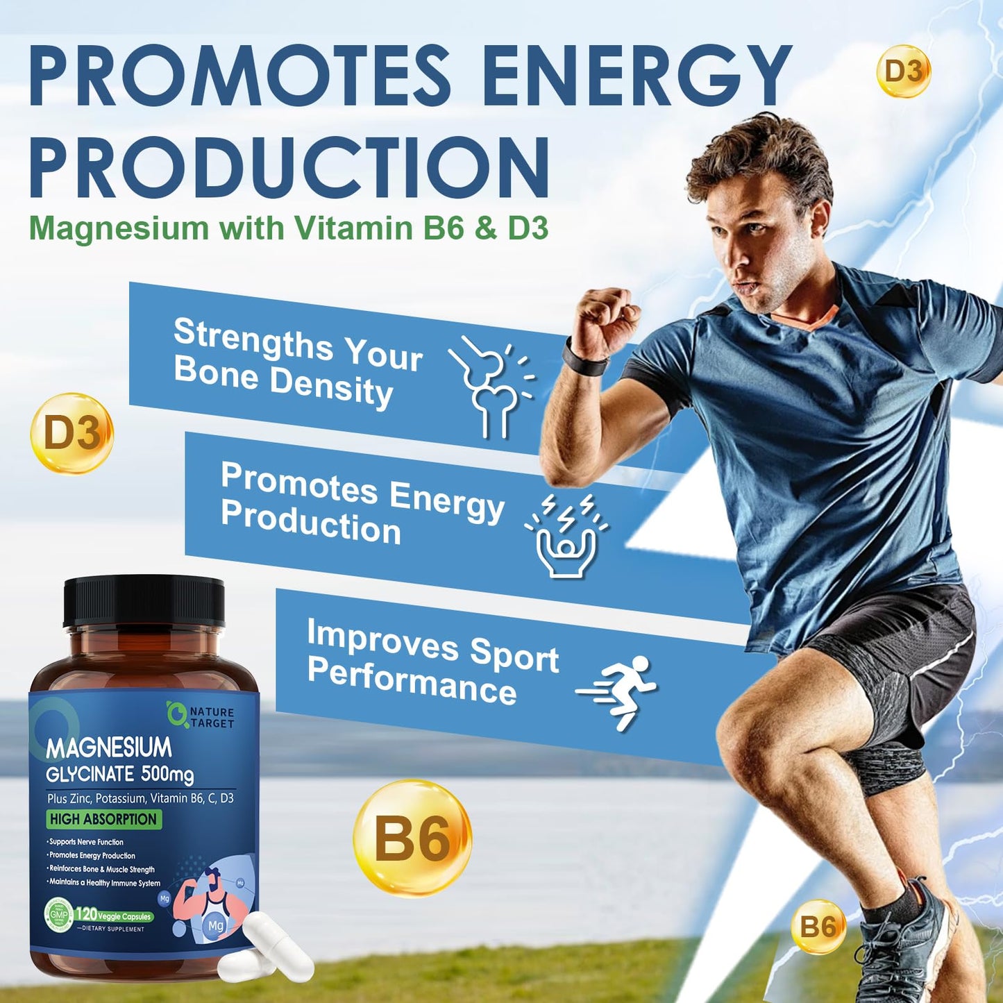 NATURE TARGET Magnesium Glycinate 500mg with Zinc & Vitamin D3 – Muscle, Nerve & Bone Support, Heart Health & Immune Support (Pack of 2, 240 Capsules)