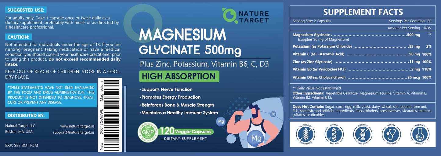 NATURE TARGET Magnesium Glycinate 500mg with Zinc & Vitamin D3 – Muscle, Nerve & Bone Support, Heart Health & Immune Support (Pack of 2, 240 Capsules)