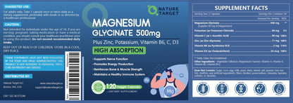 NATURE TARGET Magnesium Glycinate 500mg with Zinc & Vitamin D3 – Muscle, Nerve & Bone Support, Heart Health & Immune Support (Pack of 2, 240 Capsules)