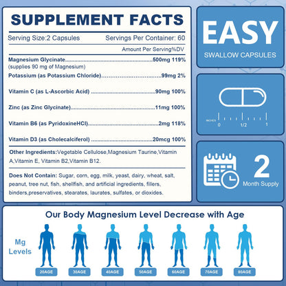 NATURE TARGET Magnesium Glycinate 500mg with Zinc & Vitamin D3 – Muscle, Nerve & Bone Support, Heart Health & Immune Support (Pack of 2, 240 Capsules)