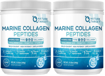 NATURE TARGET Marine Collagen Peptides Powder – Type I & III with Probiotics, Vitamin C & Hyaluronic Acid | 2 x 35 Servings