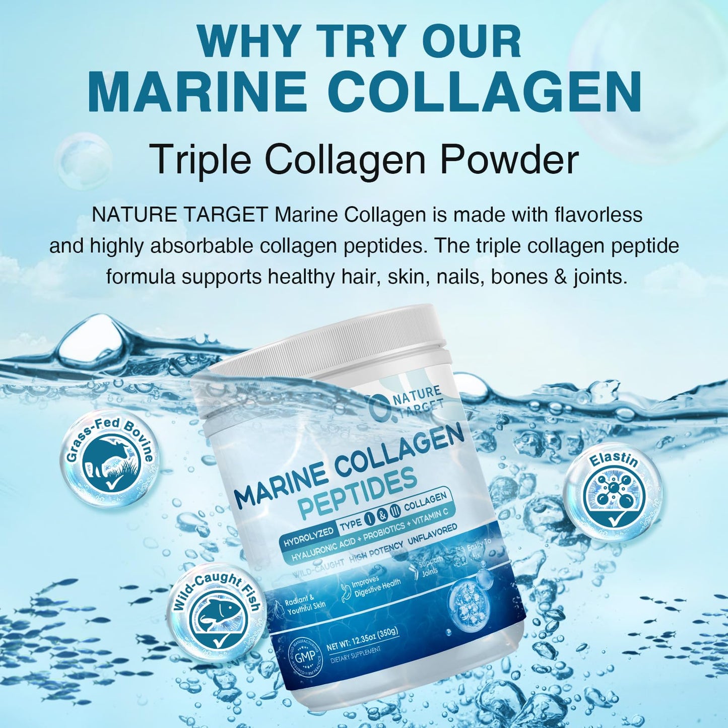 NATURE TARGET Marine Collagen Peptides Powder – Type I & III with Probiotics, Vitamin C & Hyaluronic Acid | 2 x 35 Servings
