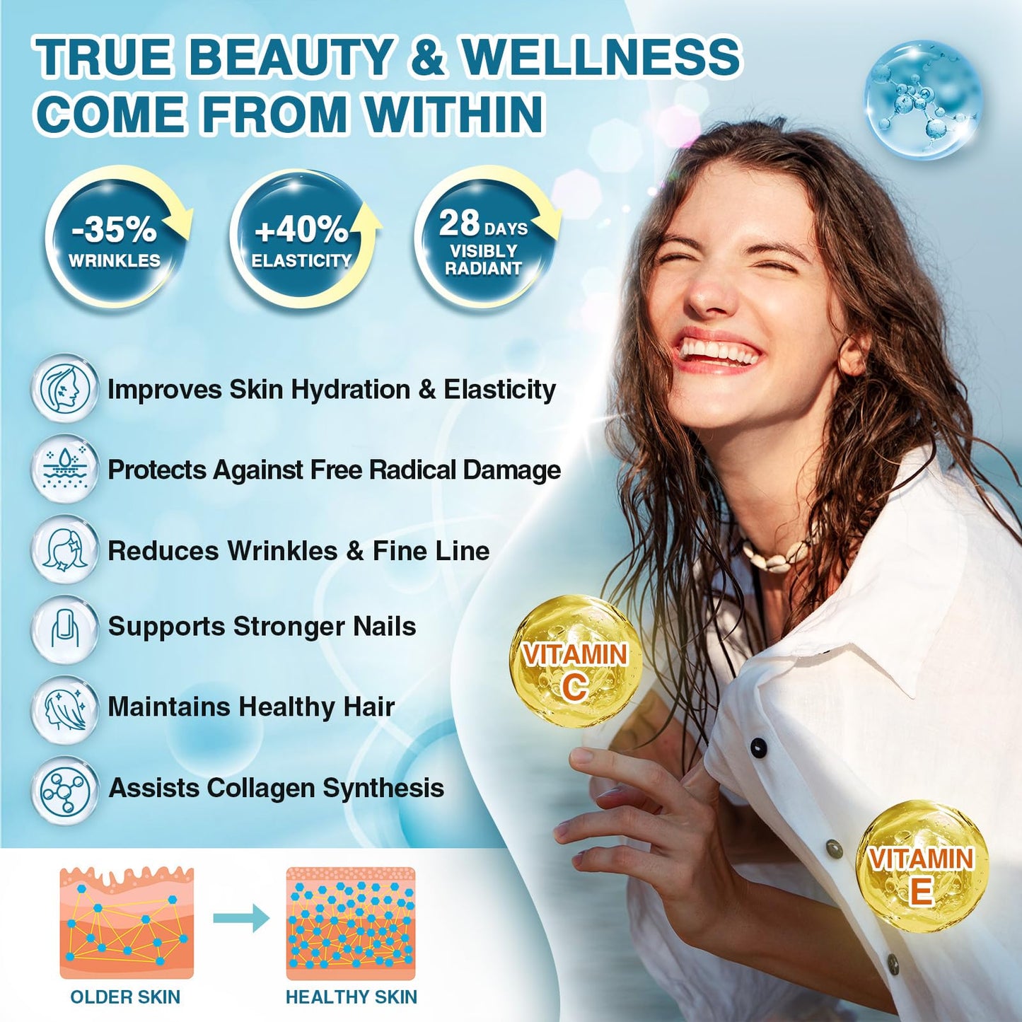 NATURE TARGET Marine Collagen Peptides Powder – Type I & III with Probiotics, Vitamin C & Hyaluronic Acid | 2 x 35 Servings