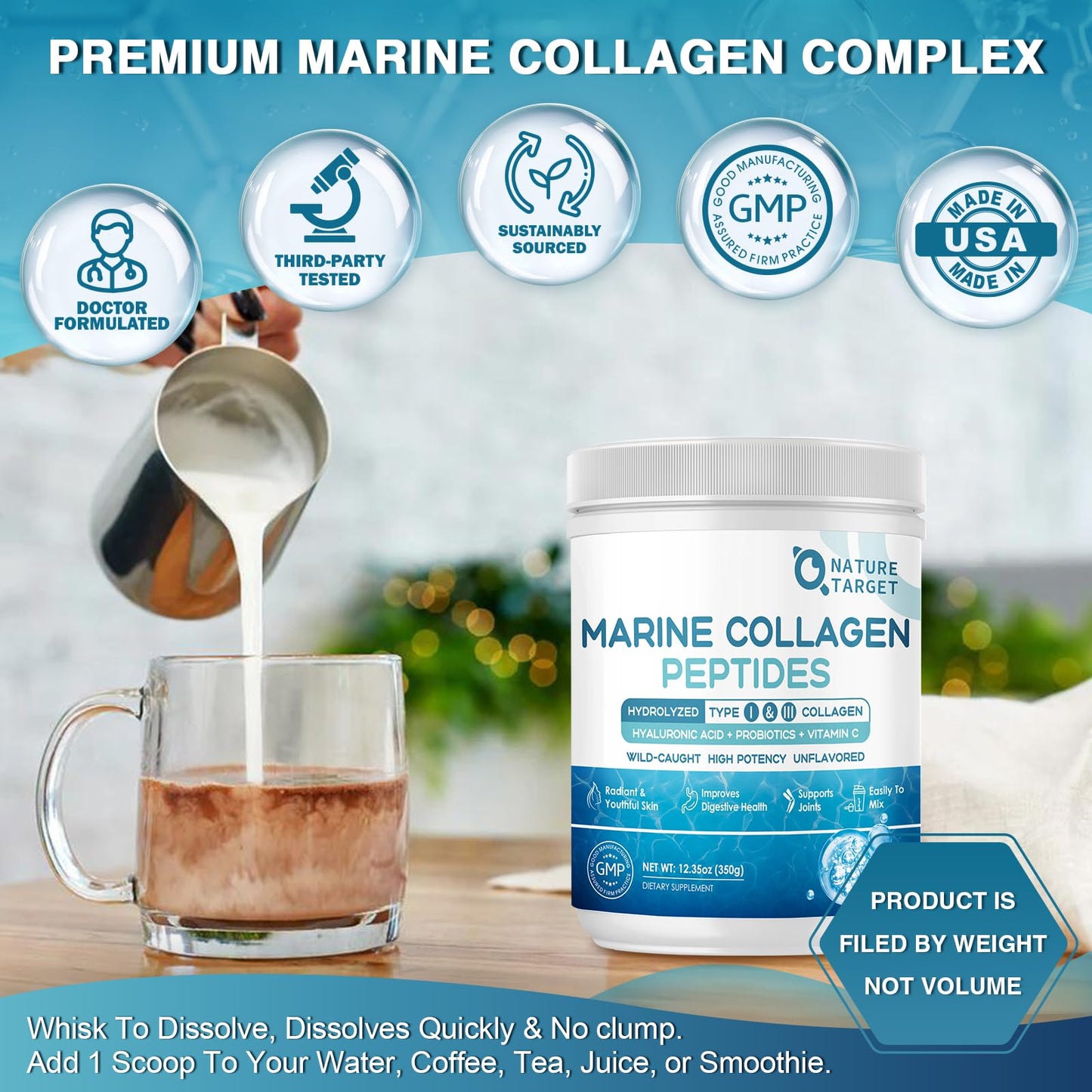 NATURE TARGET Marine Collagen Peptides Powder – Type I & III with Probiotics, Vitamin C & Hyaluronic Acid | 2 x 35 Servings