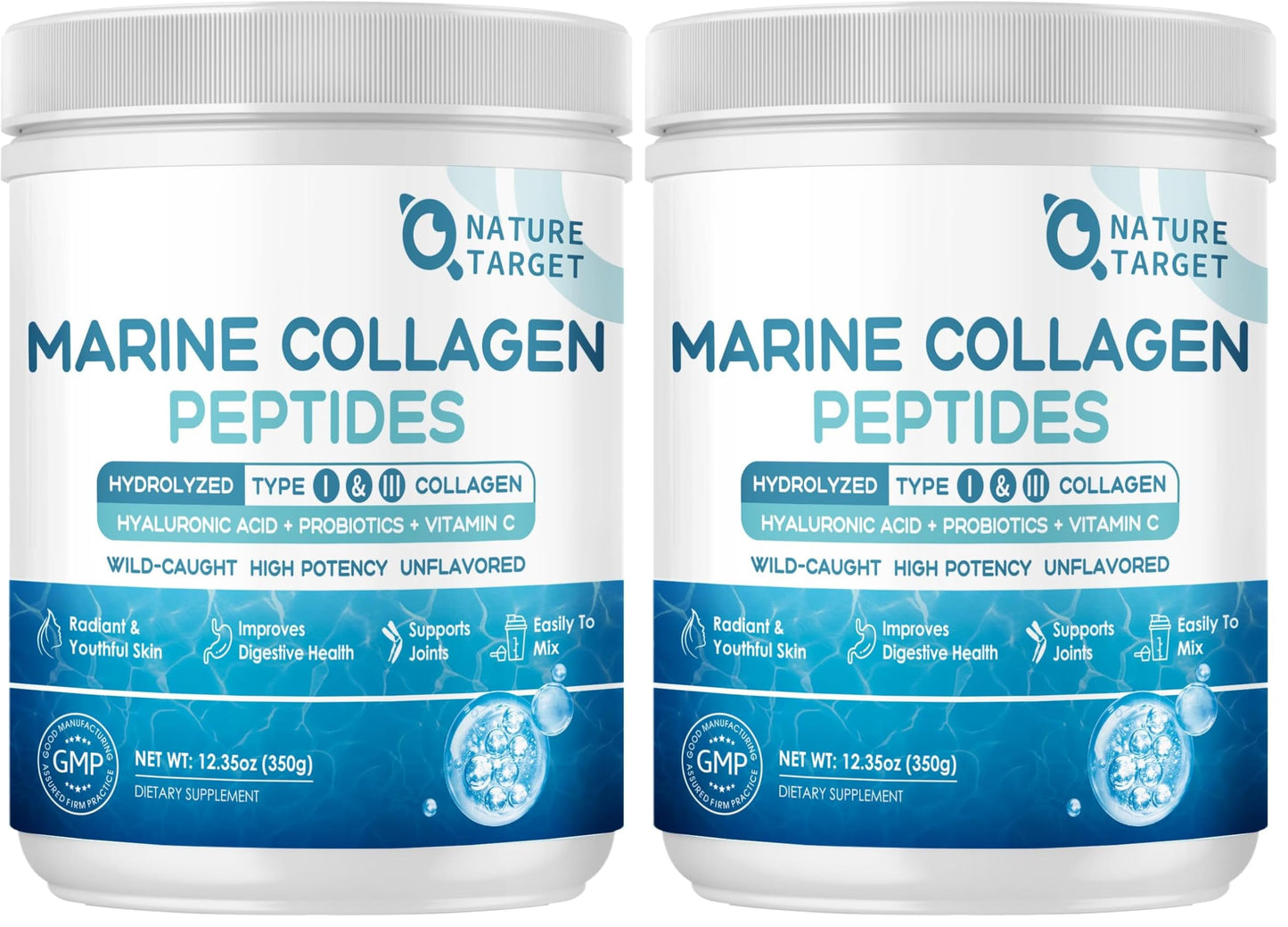 NATURE TARGET Marine Collagen Peptides Powder – Type I & III with Probiotics, Vitamin C & Hyaluronic Acid | 2 x 35 Servings