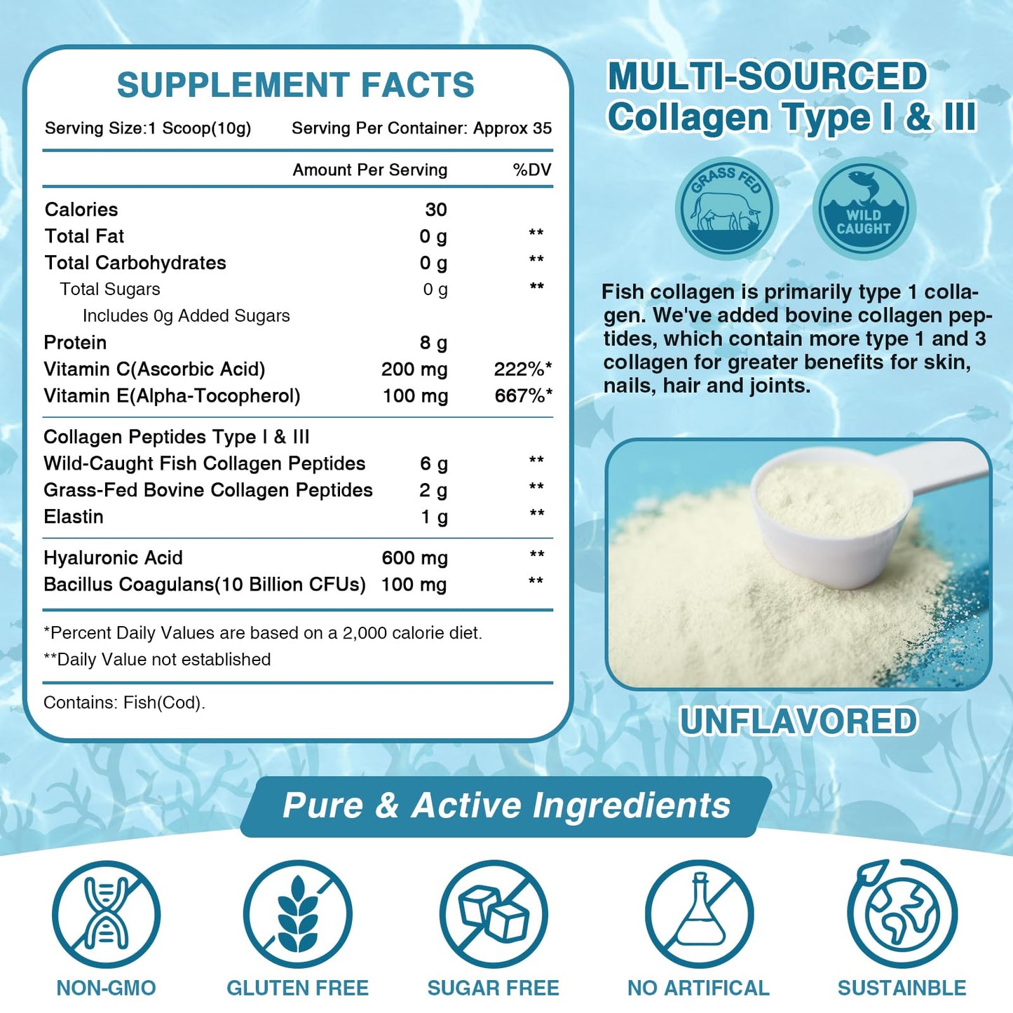 NATURE TARGET Marine Collagen Peptides Powder – Type I & III with Probiotics, Vitamin C & Hyaluronic Acid | 2 x 35 Servings