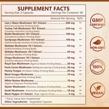 NATURE TARGET Mushroom Supplement, Mushroom Complex with Lion's Mane, Turkey Tail, Reishi, Cordyceps, Shiitake, 14-in-1 Mushrooms for Memory and Focus, 120 Capsules