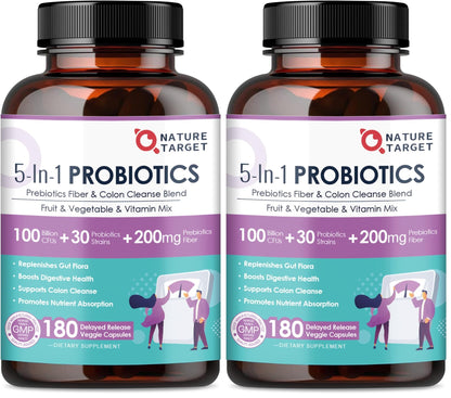 NATURE TARGET Probiotics for Women & Men – 100B CFU, 30 Strains, 180 Veggie Capsules per Pack, Pack of 2 (180 Days)