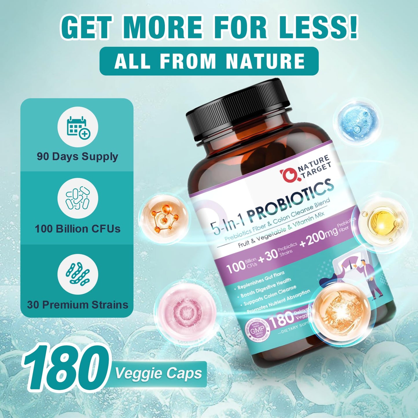 NATURE TARGET Probiotics for Women & Men – 100B CFU, 30 Strains, 180 Veggie Capsules per Pack, Pack of 2 (180 Days)