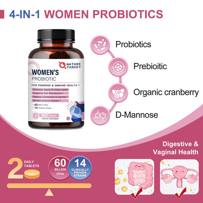 Nature Target Probiotics for Women - 60B CFUs with Cranberry & D-Mannose