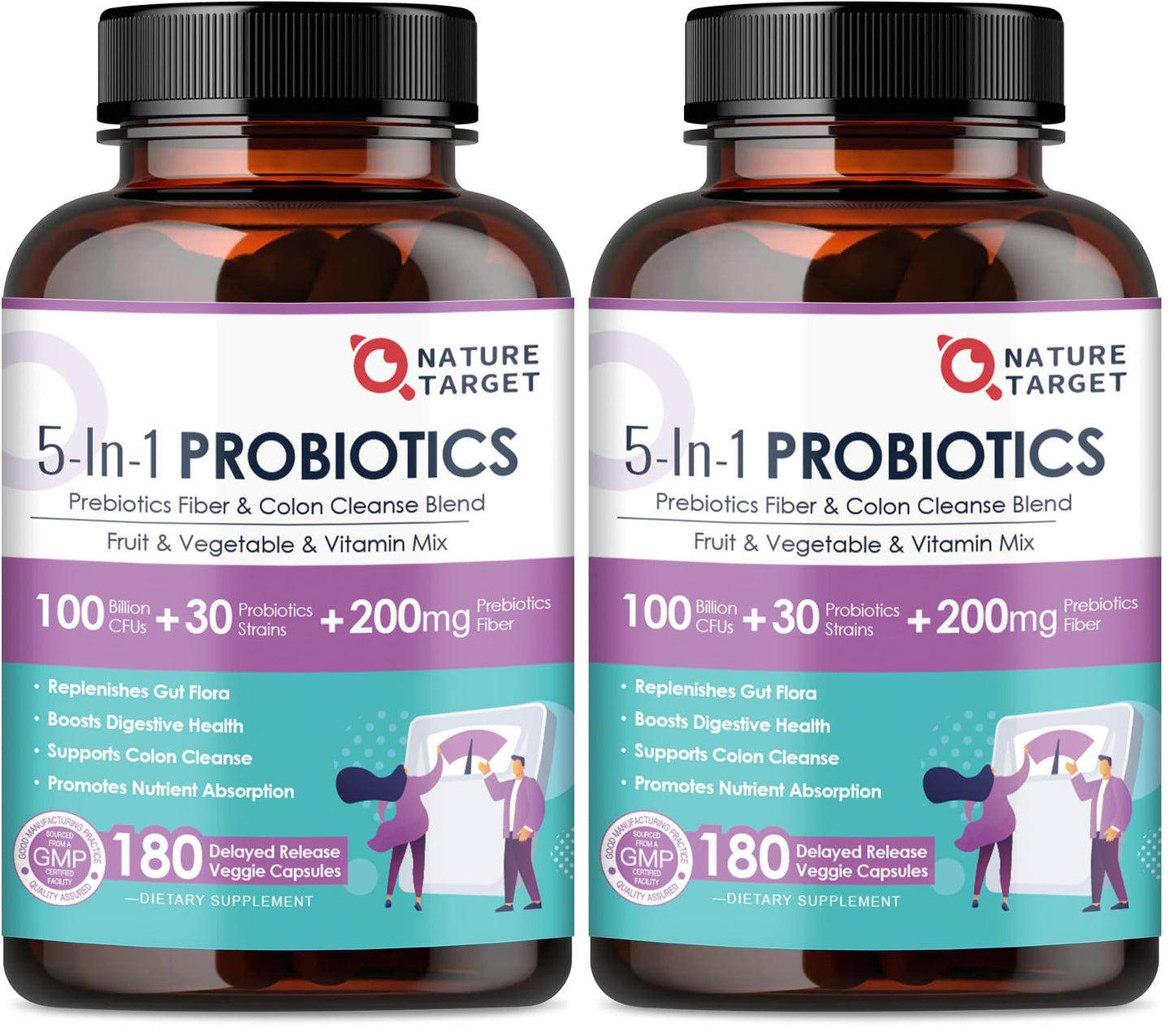 NATURE TARGET Probiotics for Women & Men – 100B CFU, 30 Strains, 180 Veggie Capsules per Pack, Pack of 2 (180 Days)