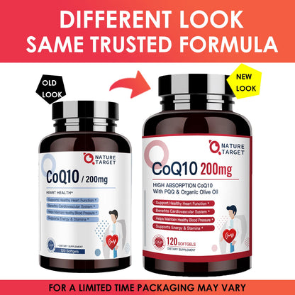 Nature Target CoQ10 200mg Softgels + PQQ with Organic Olive Oil – High Absorption, 240 Softgels (Pack of 2)
