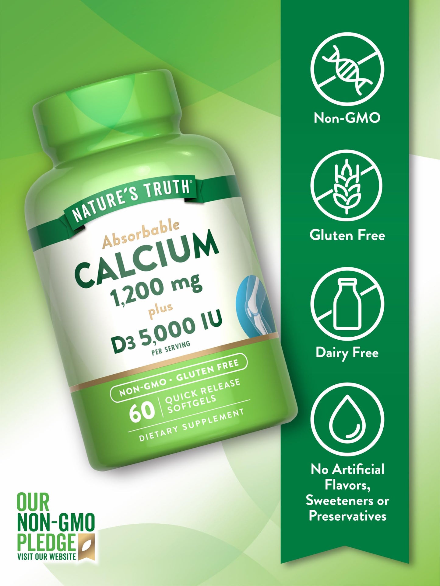 Nature's Truth Calcium 1200mg with Vitamin D3 (5000 IU) - 60 Softgels per Bottle | Pack of 2 | Non-GMO & Gluten Free