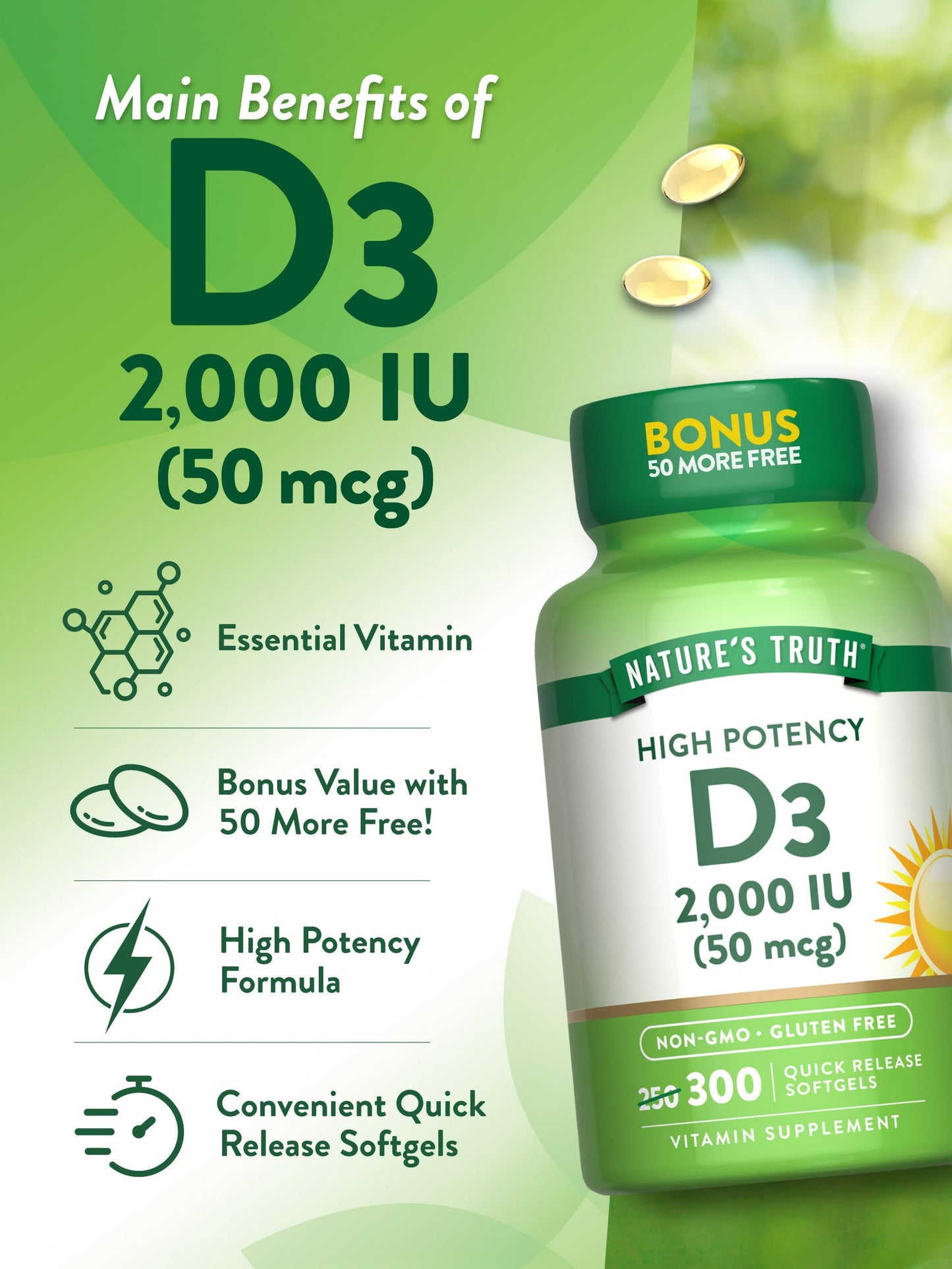 Nature's Truth Vitamin D3 2000 IU | 300 Softgels | High Potency | Non-GMO & Gluten Free