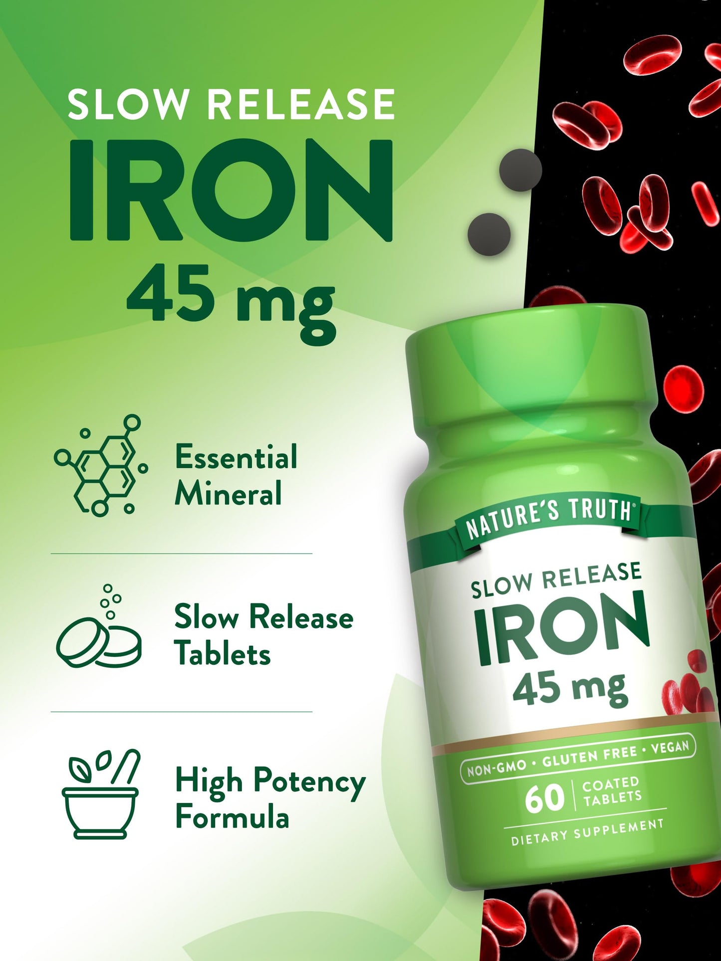 Nature's Truth Iron Supplement 45 mg | 60 Pills | Pack of 2 | Non-GMO & Gluten Free