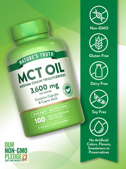 Nature's Truth MCT Oil Pills 3600mg – 100 Softgels | Keto Friendly, Caprylic & Capric Acid