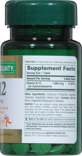 Nature's Bounty Vitamin B-12 1000 mcg Tablets, 100 Count | High-Potency B-12 Supplement