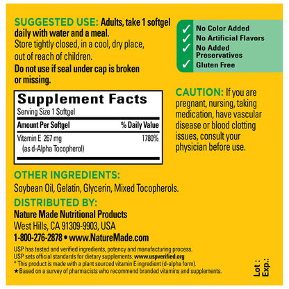 Nature Made Vitamin E 400 IU (267 mg) d-Alpha Softgels — 100-Day Supply