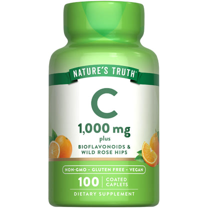 Nature's Truth Vitamin C 1000mg with Bioflavonoids & Rose Hips – 100 Caplets, Vegan, Non-GMO, Gluten Free