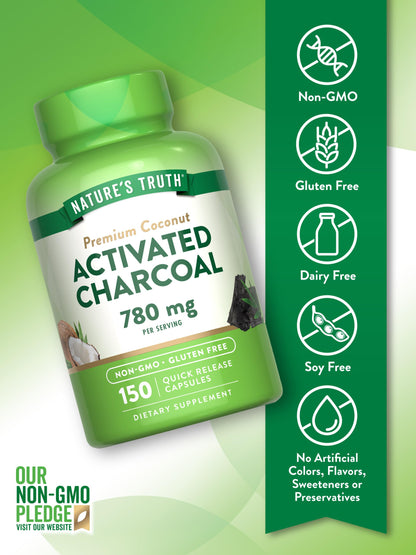 Nature's Truth Activated Charcoal Capsules 780 mg – 150 CT – Coconut Shells – Non-GMO and Gluten Free