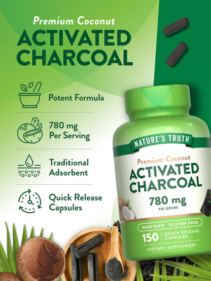 Nature's Truth Activated Charcoal Capsules 780 mg – 150 CT – Coconut Shells – Non-GMO and Gluten Free
