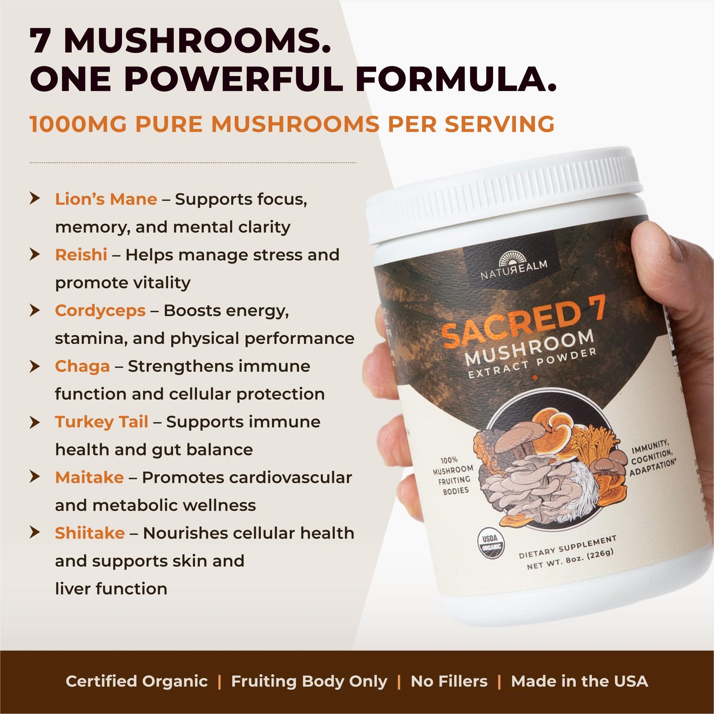 Naturealm Sacred 7 Mushroom Powder – 7-in-1 Blend (7 Month Supply) for Immune Support, Focus & Energy | Coffee Enhancer