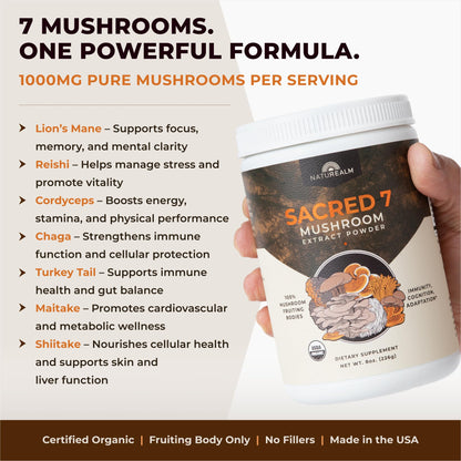 Naturealm Sacred 7 Mushroom Powder – 7-in-1 Blend (7 Month Supply) for Immune Support, Focus & Energy | Coffee Enhancer