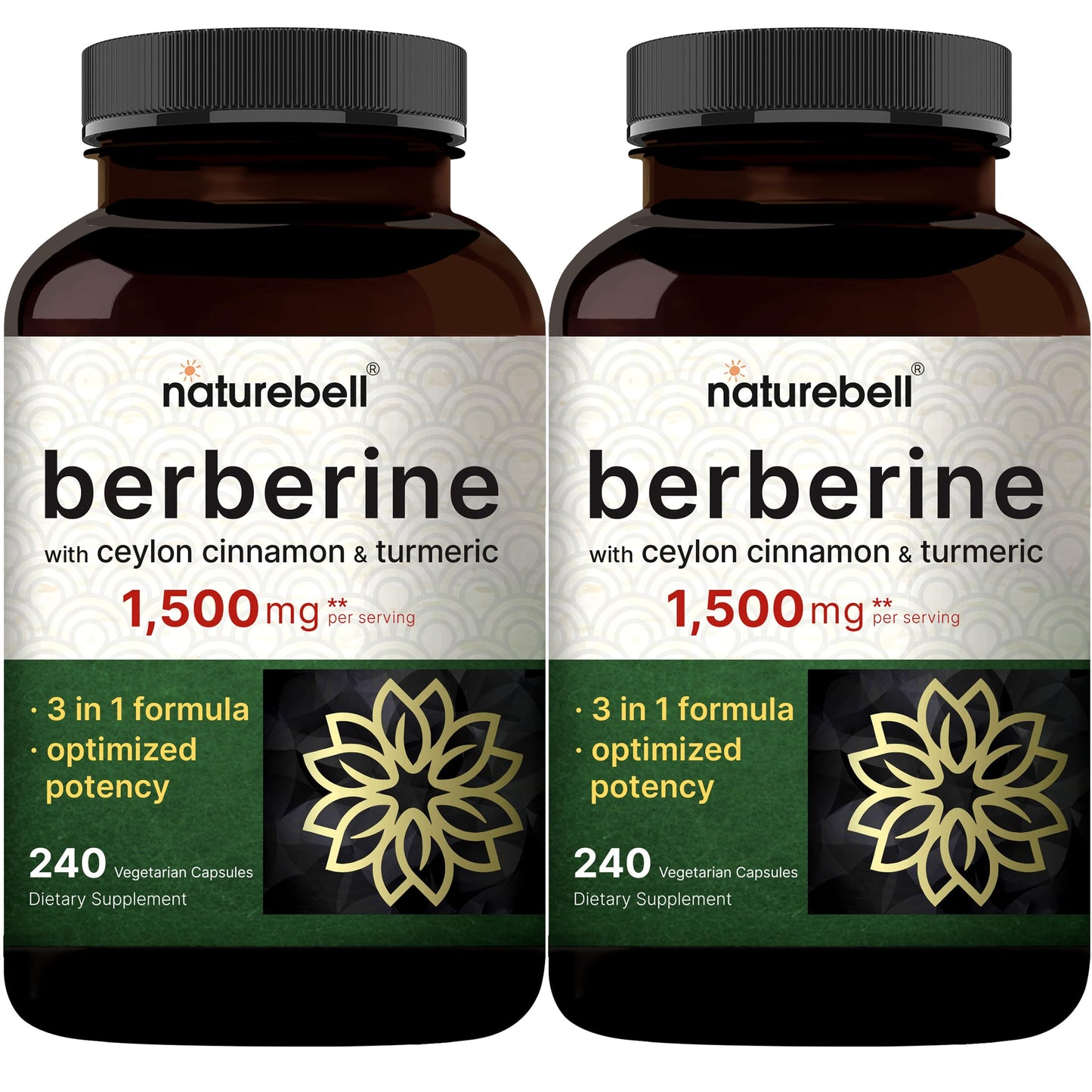 NatureBell Berberine 1500mg with Cinnamon & Turmeric – 2 Pack Veggie Capsules | 97% Pure Berberine HCl