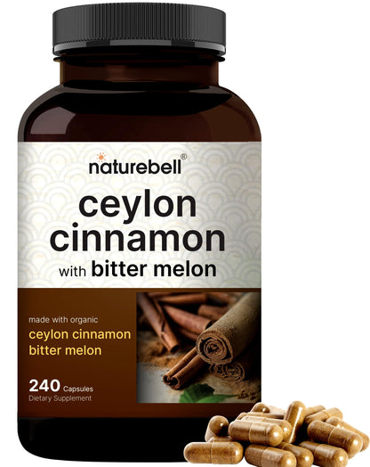 NatureBell Ceylon Cinnamon Per Serving - 240 Capsules | Organic Sri Lanka Cinnamon & Bitter Melon 2-in-1 Support | Non-GMO, Gluten-Free
