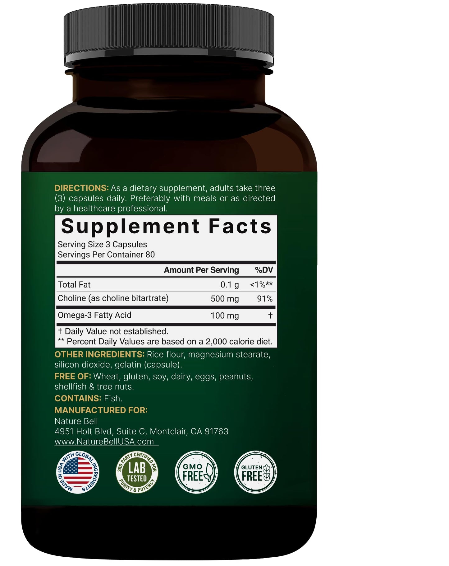 NatureBell Choline 500mg + Omega-3 - 240 Capsules | Prenatal Support & Brain Health
