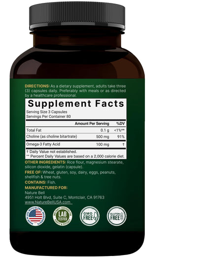 NatureBell Choline 500mg + Omega-3 - 240 Capsules | Prenatal Support & Brain Health