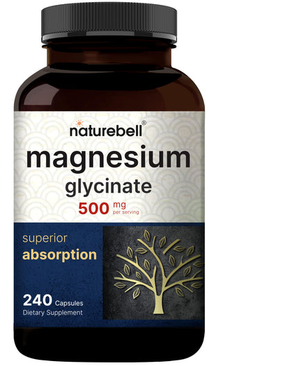 NatureBell Magnesium Glycinate 500mg Capsules | 240 Count, Chelated & Purified, 3rd-Party Tested, Non-GMO, Gluten Free