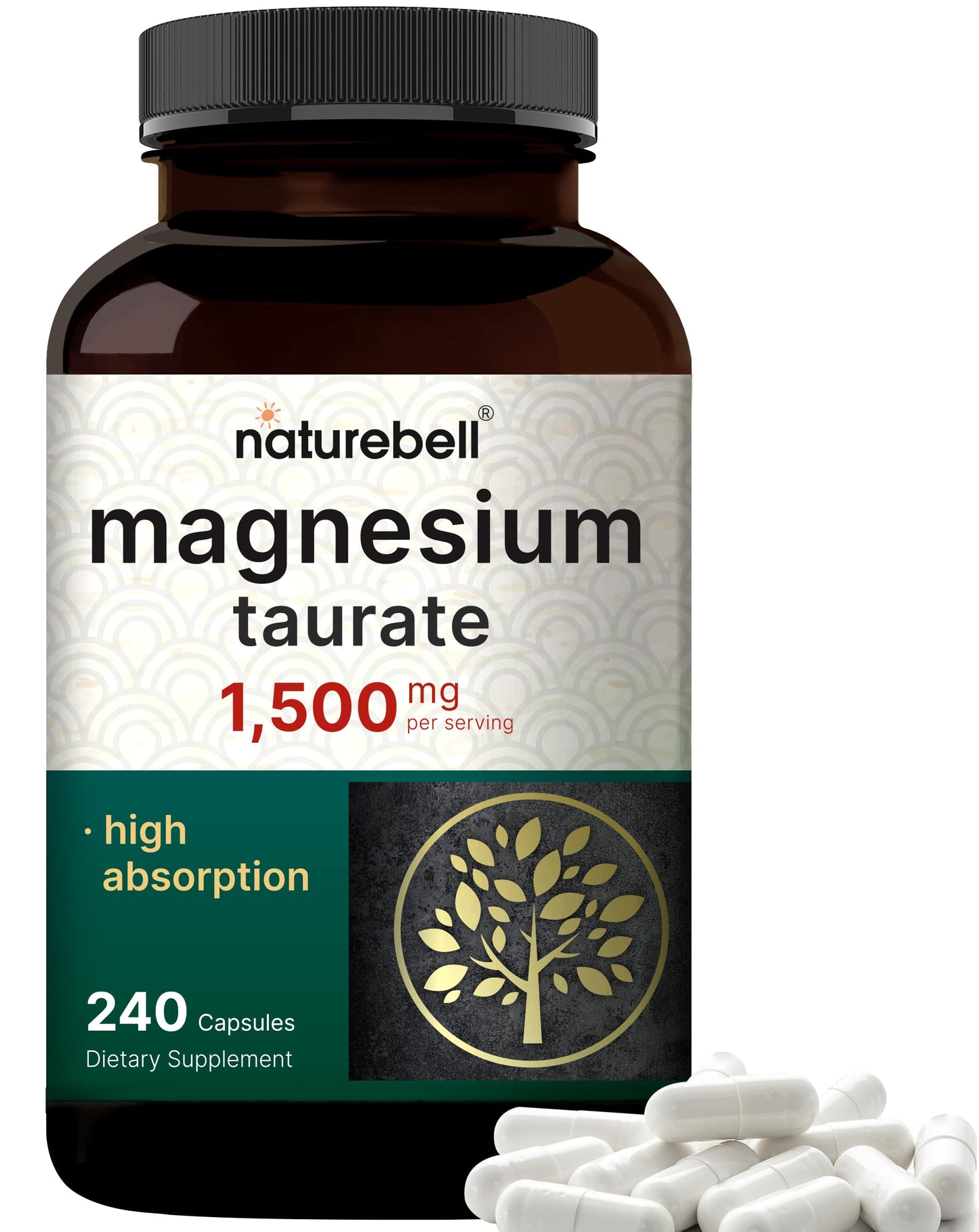 NatureBell Magnesium Taurate 1,500mg, 240 Capsules | Chelated for High Absorption | Non-GMO, Gluten-Free